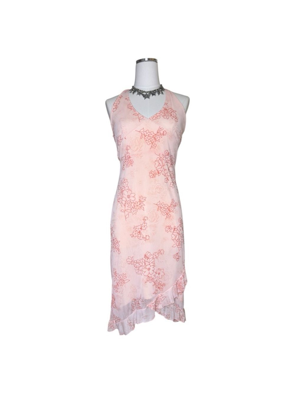 Y2K Taboo Pink Halter Floral V-Neck Midi Dress Size Medium